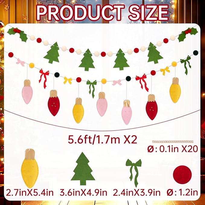 SUNBEAUTY Felt Christmas Garland, Pom Pom Garland Hanging Felt Balls Christmas Decorations,Red Green Christmas Ornaments Banner for Xmas Holiday Decorations,Indoor Outdoor Decor Home Party Supplies