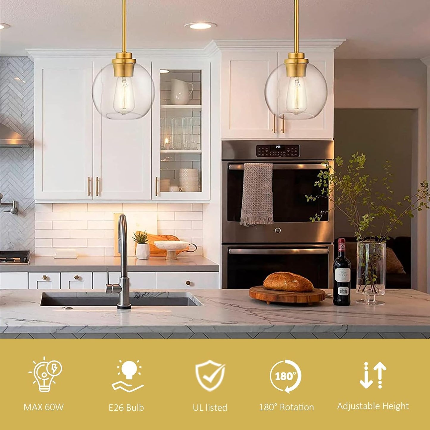 Globe Glass Pendant Lights Kitchen Island, Farmhouse Gold Pendant Lights with Clear Glass Shade,Adjustable Hanging Light Fixture for Dining Room, Entryway, Bedroom 2 Pack