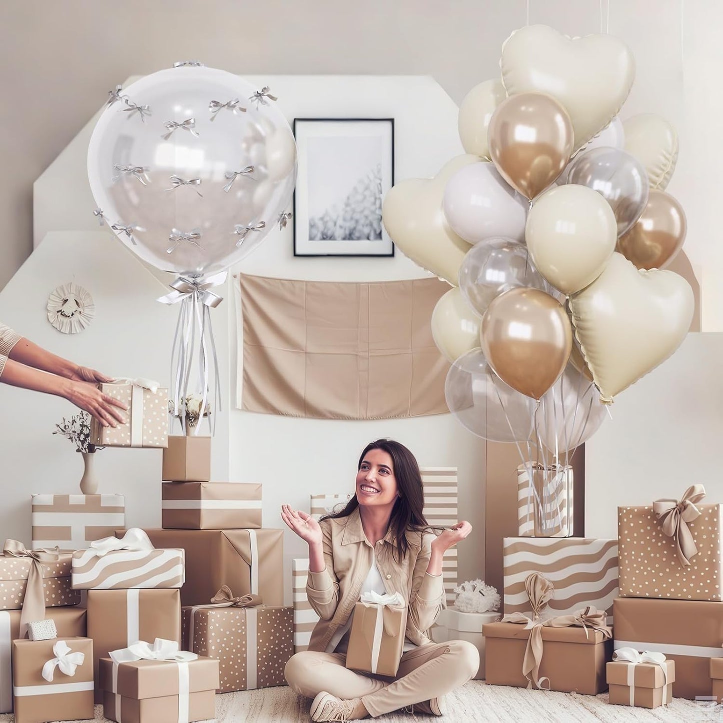 Cream White and Gold Balloons Beige Heart Balloon as Engagement Party Decorations, Metallic Champagne Gold and Sand White Nude Balloons 18 inch Clear Heart Shape Foil Balloon as Bride Wedding Decor