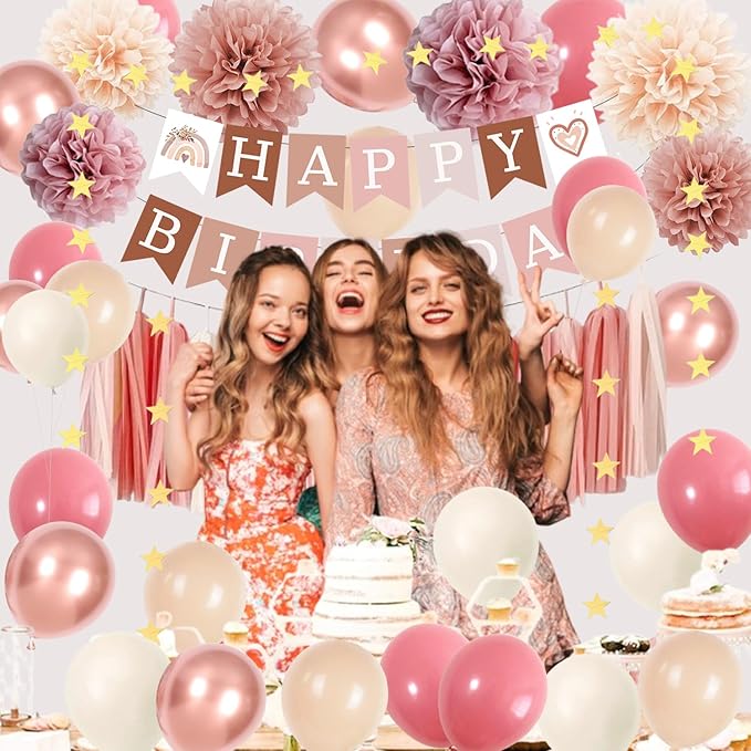 Birthday Decorations for Women, Retro Blush Pink Party Balloons Boho Happy Birthday Banner Paper Pompoms Tassel Garland, Neutral Rustic Birthday Party Décor Supplies Girls Boys Adults
