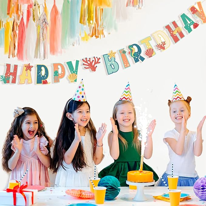 SUNBEAUTY Happy Birthday Banner Sea Animal Birthday Decorations Sea Shells Ocean Theme Party Supplies for Baby Shower | Pre-Strung
