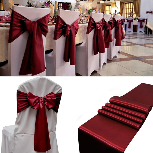 100 PCS Satin Chair Sashes Decorative Bow Satin Chair Sashes Ties Seat Ribbon Bows Chairs Cover Band for Wedding Party Event Ceremony Reception Holiday Banquet Home Kitchen Decor(7 x108 inch,Burgundy)
