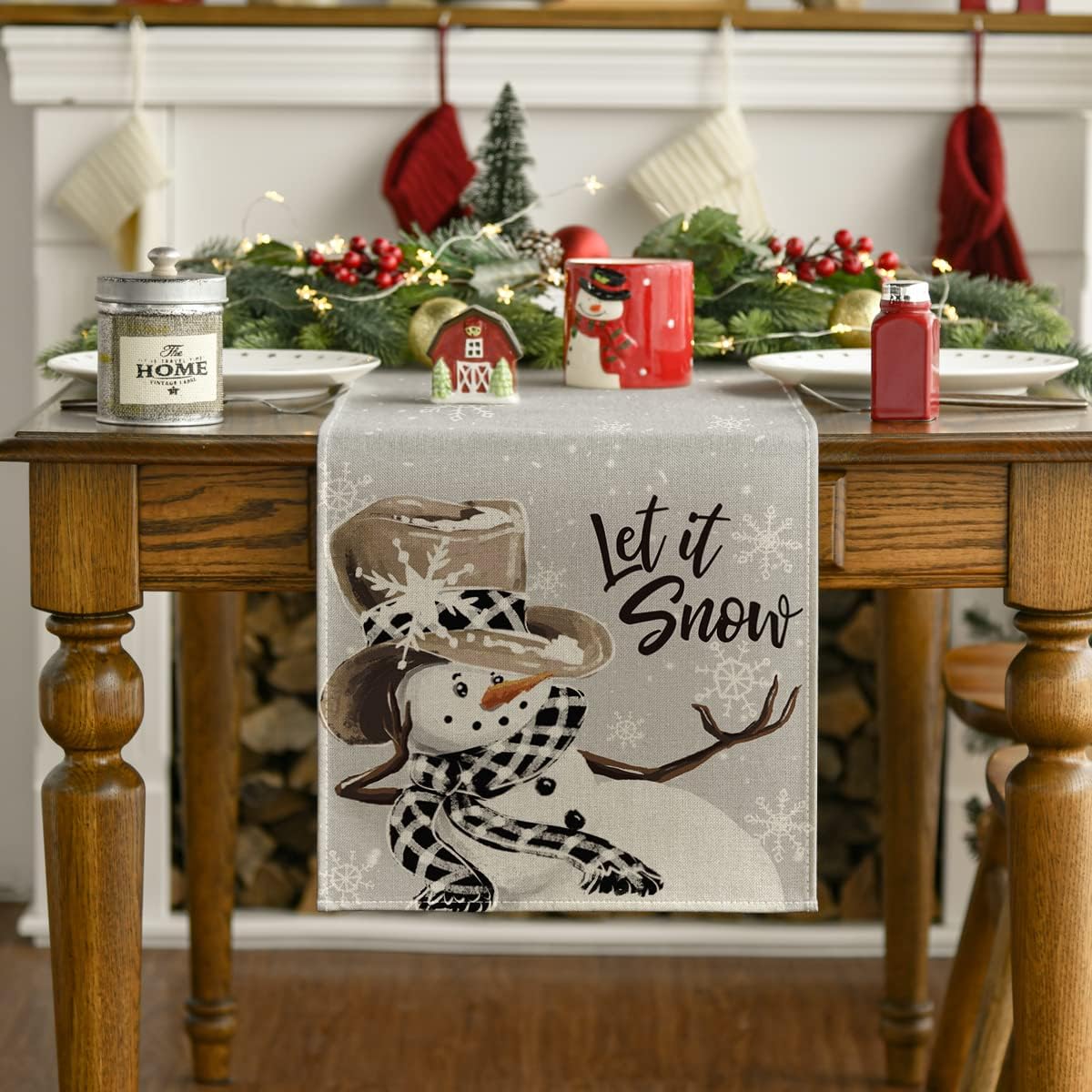 Artoid Mode Grey Snowman Snowflake Let it Snow Christmas Table Runner, Seasonal Winter Kitchen Dining Table Decor for Home Party Indoor 13x108 Inch