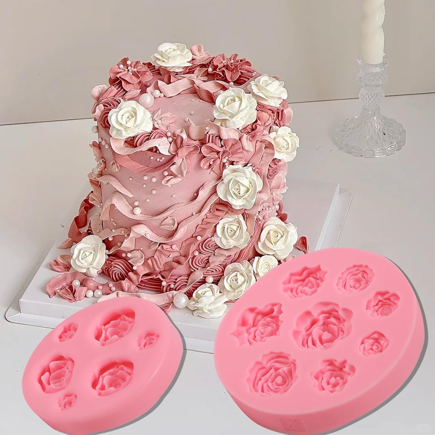 5 Pcs Rose Silicone Molds, Mini Flower Cake Decoration Fondant Mold, Kitchen Baking Supplies, Suitable for Cupcake Toppers Flower Paste Dough Keychain Resin Decoration Clay Modeling