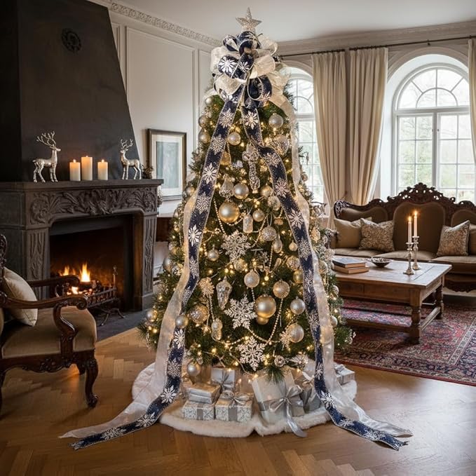CT CRAFT LLC Blue Snowflake Christmas Tree Topper Bow 11" with 4 Ribbon Streamers x 3 Yards Long Each for Holidy Elegant Fancy Home Décor Indoor