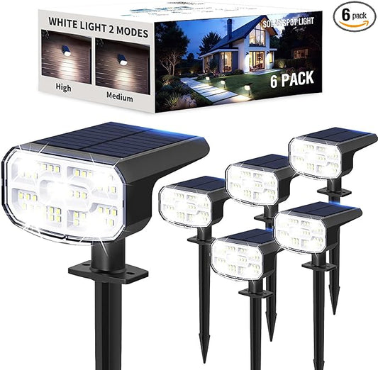 Solar Lights Outdoor Waterproof IP65, Super Bright LED, 6500K 2 Lighting Modes, Solar Powered Yard Garden Solar Spot Lights for Outside Landscape Auto On/Off -6500K,6 Pack