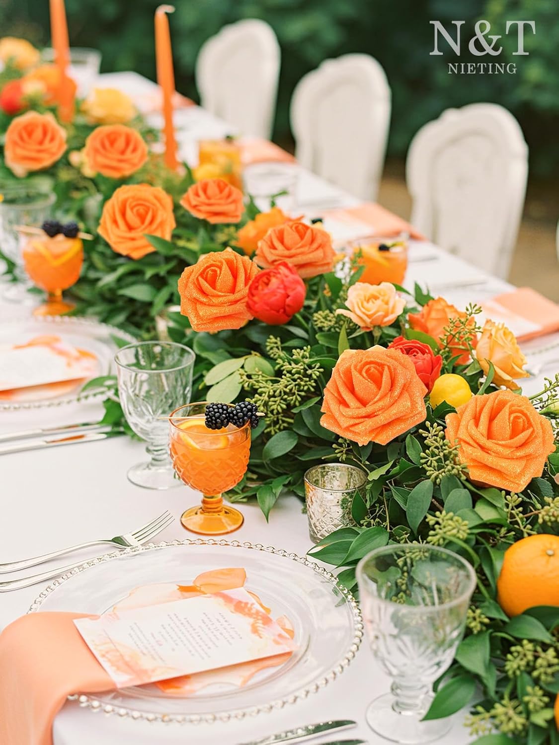 N&T NIETING Artificial Roses Flowers, Fake Glitter Flowers Burnt Orange Roses Perfect for DIY Wedding Bridal Bouquets Centerpieces Bridal Shower Party Home Flower Arrangement Decorations, 25Pcs