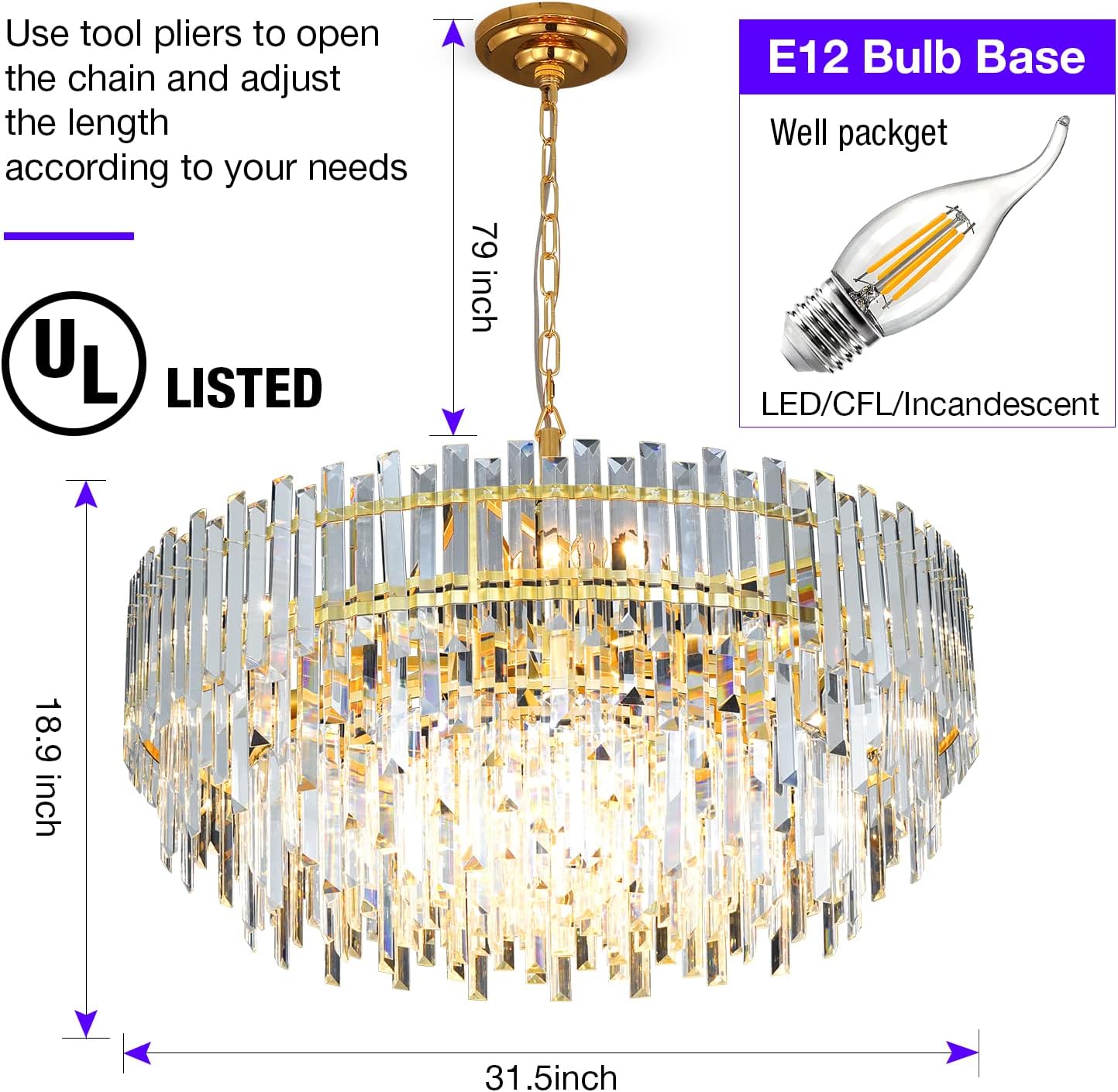 Gold Copper Crystal Chandelier Lighting 31'' for Dining Rooms Bedroom Foyer Entryway Ceiling Hanging Pendant Chandelier Light Fixture Lamp