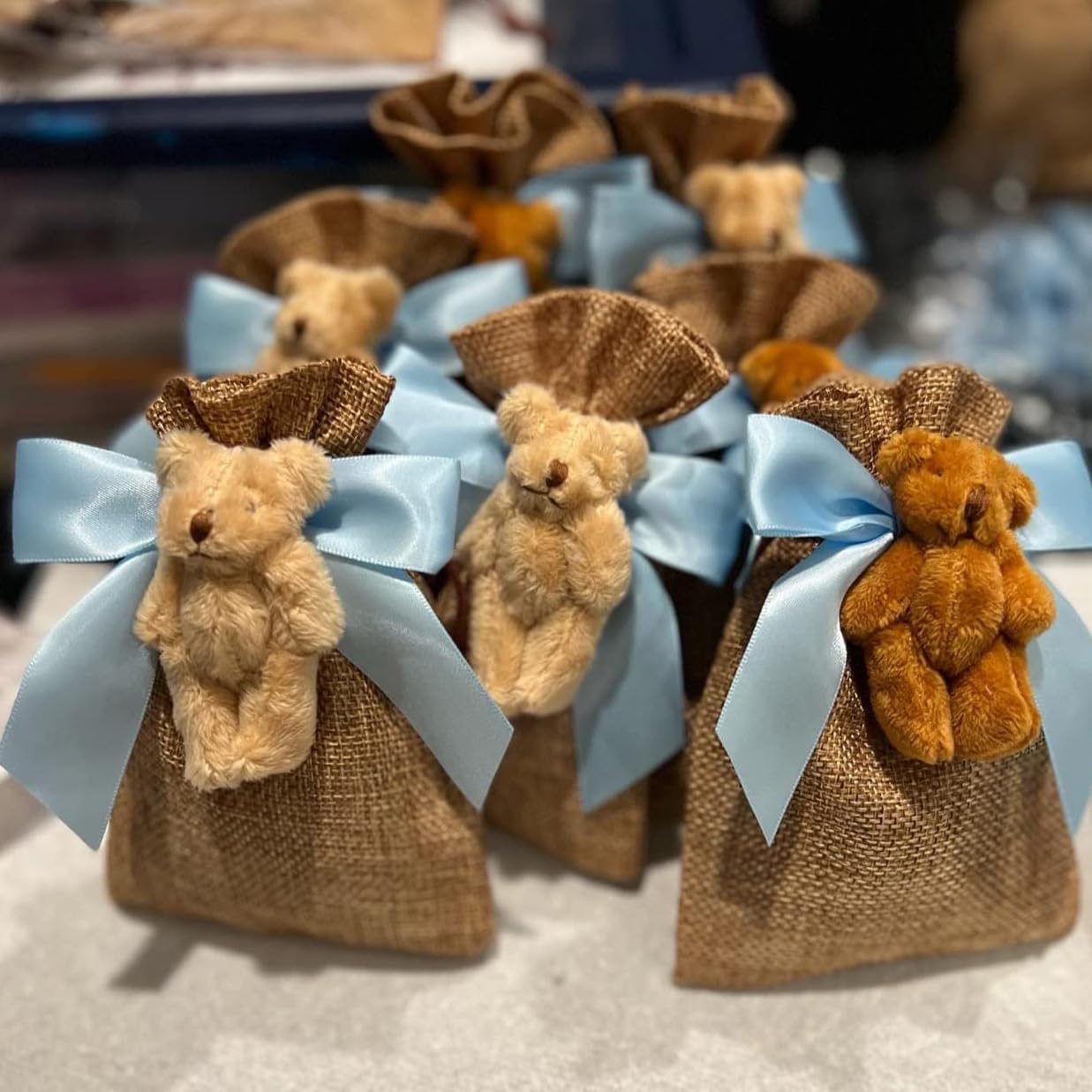 114 Pack Twist Tie Bows for Treat Bags 3" Sky Blue Satin Ribbon Bows for Package Craft, Gift Wrapping Decoration, Candy Bags, Bakery Bags, Wedding, Baptism, Tableware Decor Party Decoration