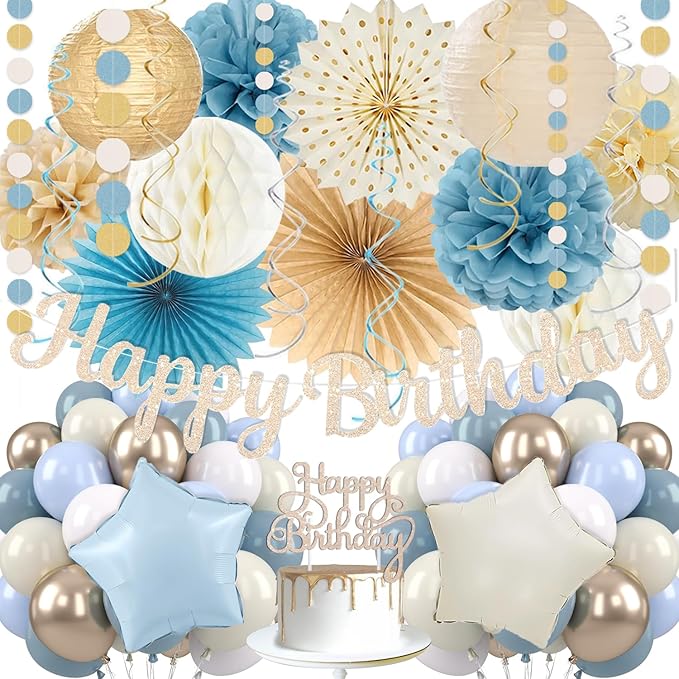 Dusty Blue Beige Champagne Women Birthday Decorations, Boho Neutral Boys Girls Blue Party Décor With Fog Cream Gold Balloons,Happy Banner Garland,Paper Lanterns, Honeycomb Tissue Pom Poms For Adults