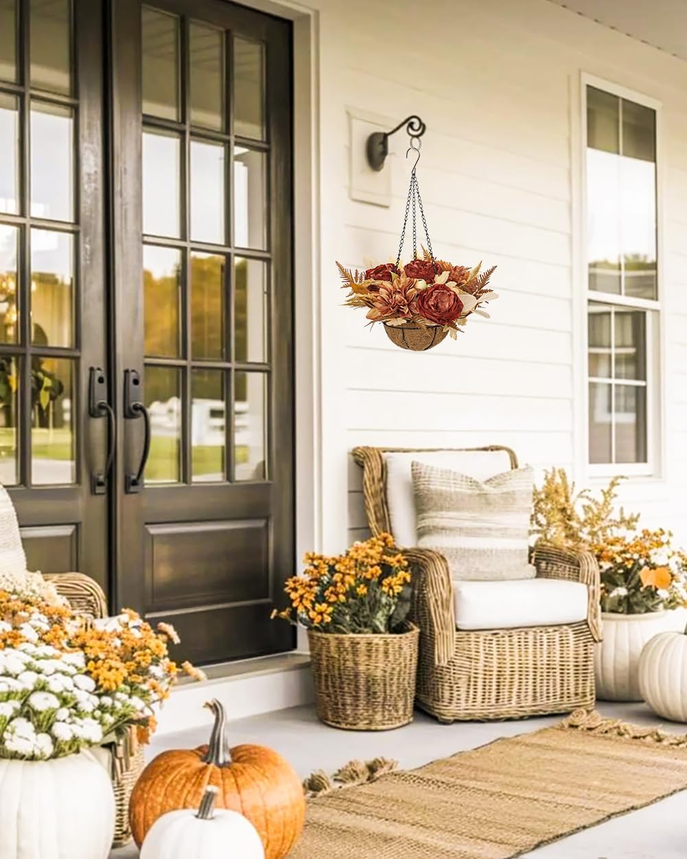 Hollyone Fall Hanging Baskets Peonies Artificial Flowers Fall Hanging Decor Peonies Flowers Faux Plants Baskets for Indoor Outdoor Fake Peony for Porch Patio Garden Autumn Decorations for Home
