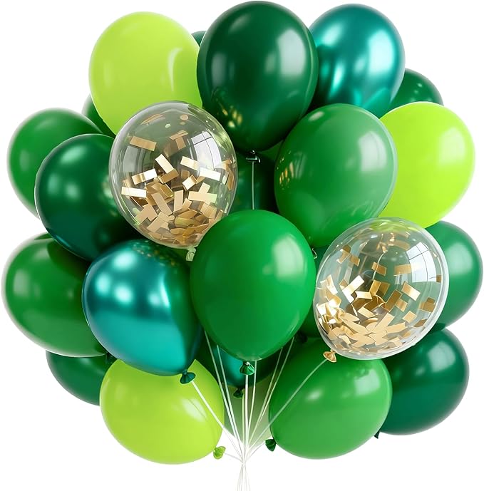 PartyWoo Green Balloons 65pcs 12 Inch Light Lime Dark Emerald Hunter Forest Metallic Green Gold Confetti Balloons for Baby Shower Wedding Engagement Jungle Woodland Birthday Party Decorations