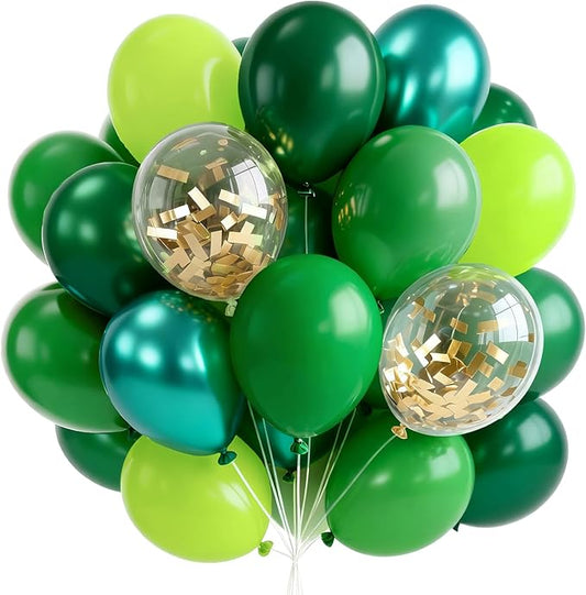PartyWoo Green Balloons 65pcs 12 Inch Light Lime Dark Emerald Hunter Forest Metallic Green Gold Confetti Balloons for Baby Shower Wedding Engagement Jungle Woodland Birthday Party Decorations