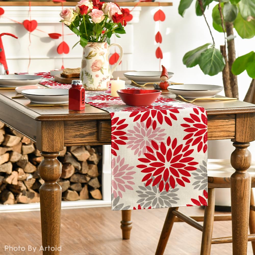 Artoid Mode Red Pink Dahlia Floral Pinnata Christmas Table Runner, Valentine Summer Kitchen Dining Table Decoration for Home Party Decor 13x36 Inch