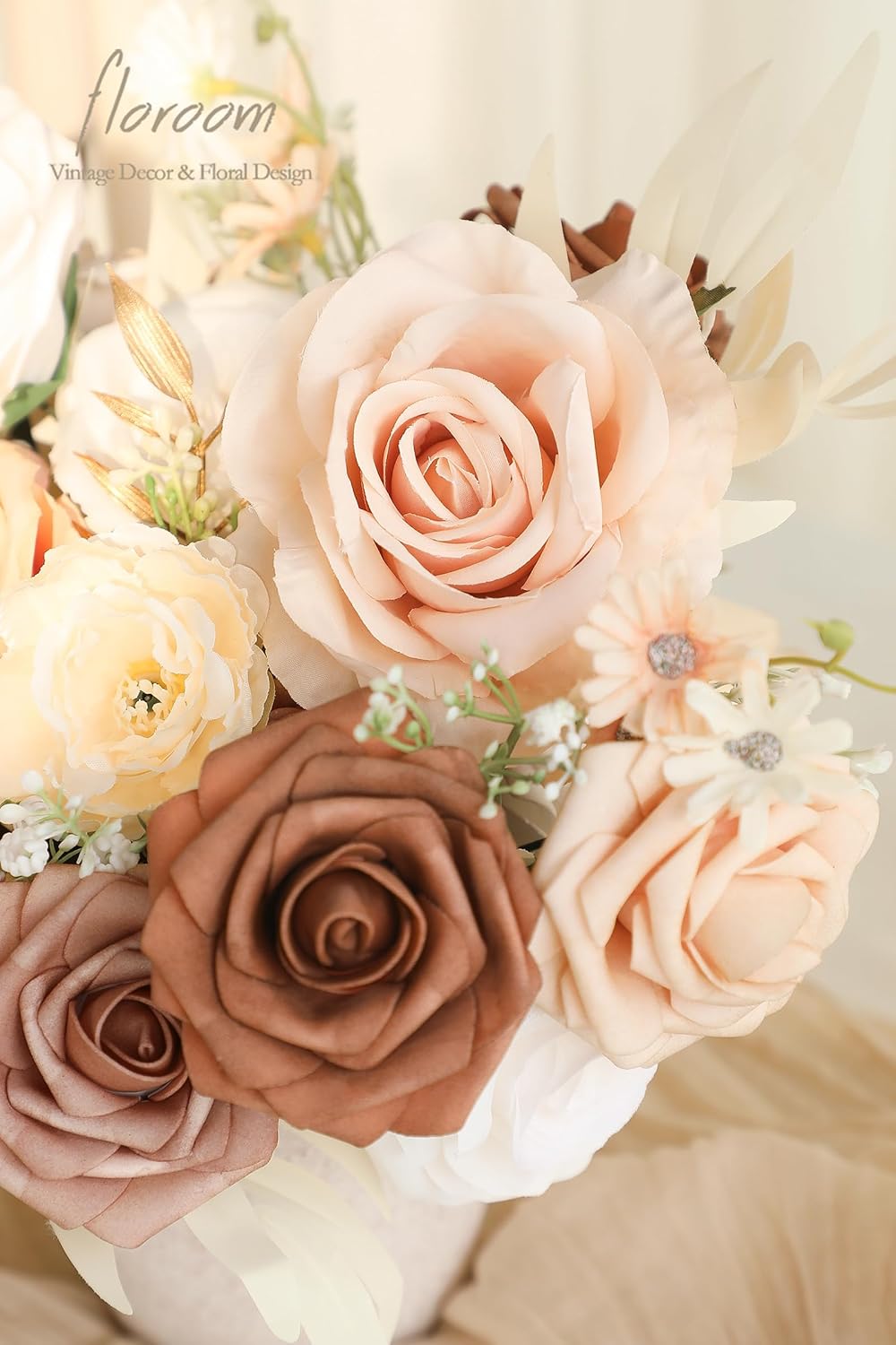 Floroom Morandi Peach Artificial Flowers Fake Roses Peonies and Greenery Combo Box Set for DIY Wedding Bouquets Bridal Shower Centerpieces Floral Arrangements Party Tables Home Decorations