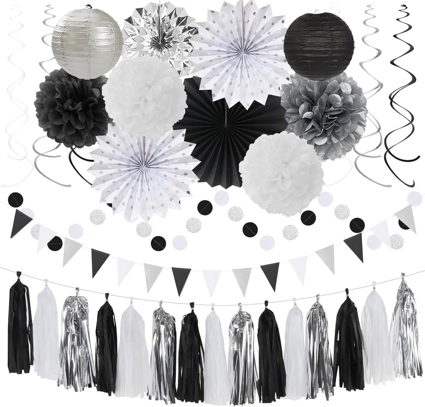 Black White-Silver Party-Decorations - 33pcs Kits Banner,Graduation Streamer Tassel Garland,Tissue Pom Poms Honeycomb,Paper Lantern Fans,Birthday Wedding Baby Bridal Shower New Years Decor Hugtmr
