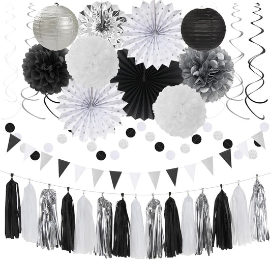 Black White-Silver Party-Decorations - 33pcs Kits Banner,Graduation Streamer Tassel Garland,Tissue Pom Poms Honeycomb,Paper Lantern Fans,Birthday Wedding Baby Bridal Shower New Years Decor Hugtmr