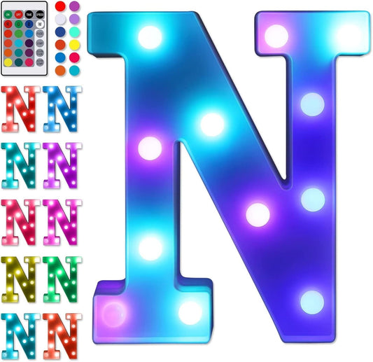 Foaky Colorful LED Letter Lights with Remote,Marquee Light Up Letters Sign for Night Light Wedding/Birthday Party Battery Powered Christmas Lamp Home Bar Decoration(N)