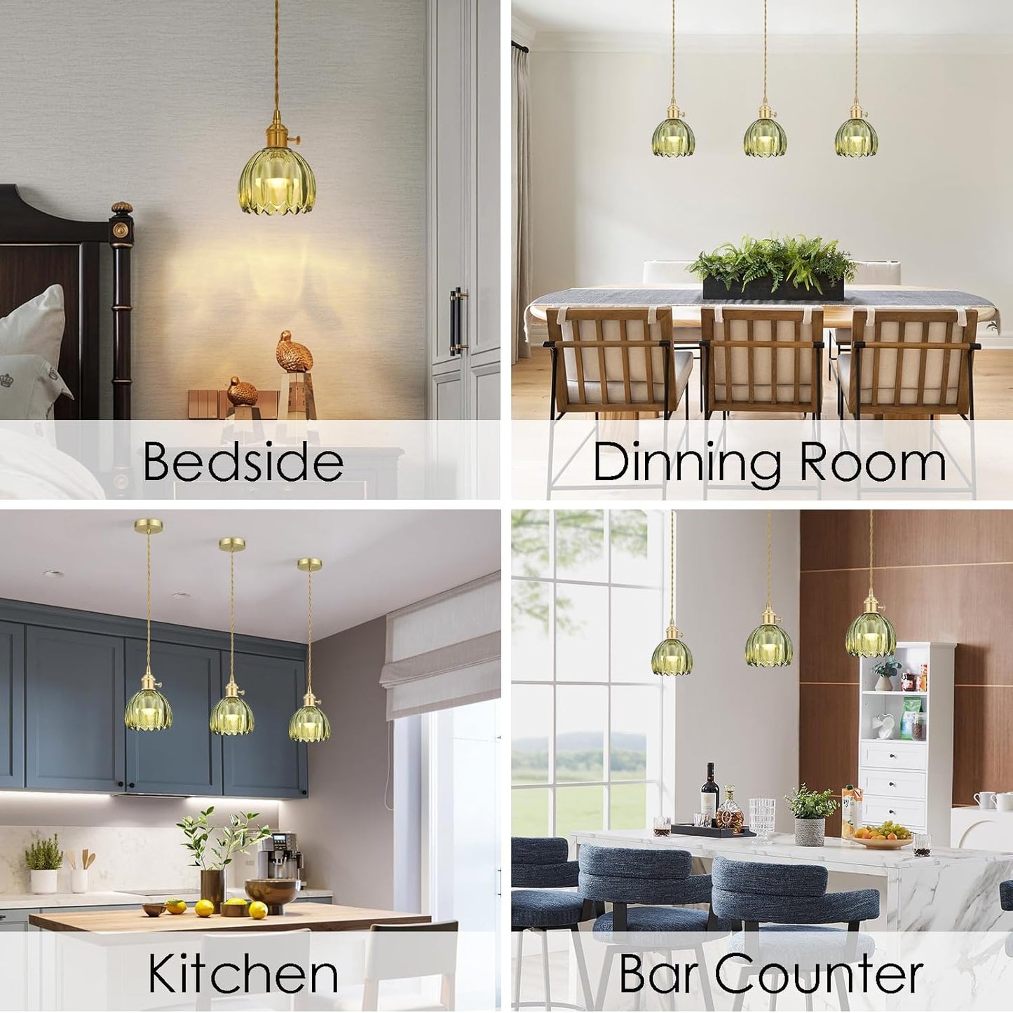 Vintage Gold Rechargeable Pendant Light with 70 Inch Cord and Exquisite Tulip Green Glass Shade for Kitchen Island, Living Room & Dining Room, Ideal Hanging Light for Multiple Spaces