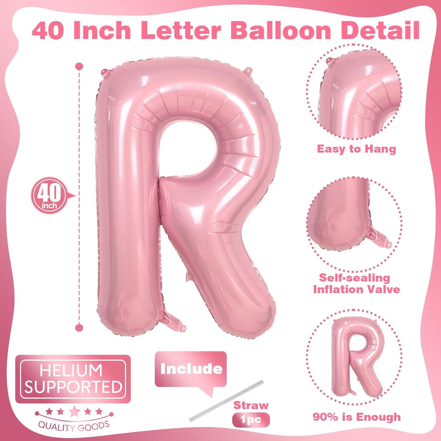 Big Letter Balloon - 40" Pastel Pink Mylar Helium Alphabet Customize Name Balloon, Self Inflating Baby Pink Foil R Custom Letter Balloon for Girl Women Birthday Party Baby Shower Decoration