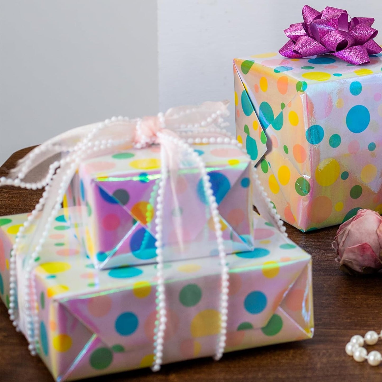 Burymento Holographic Pink Dot Gift Wrapping Paper for Birthday, Valentines, Mothers day, Graduation, Wedding, Fathers day, Baby Shower, Christmas (17in x 32.8ft)