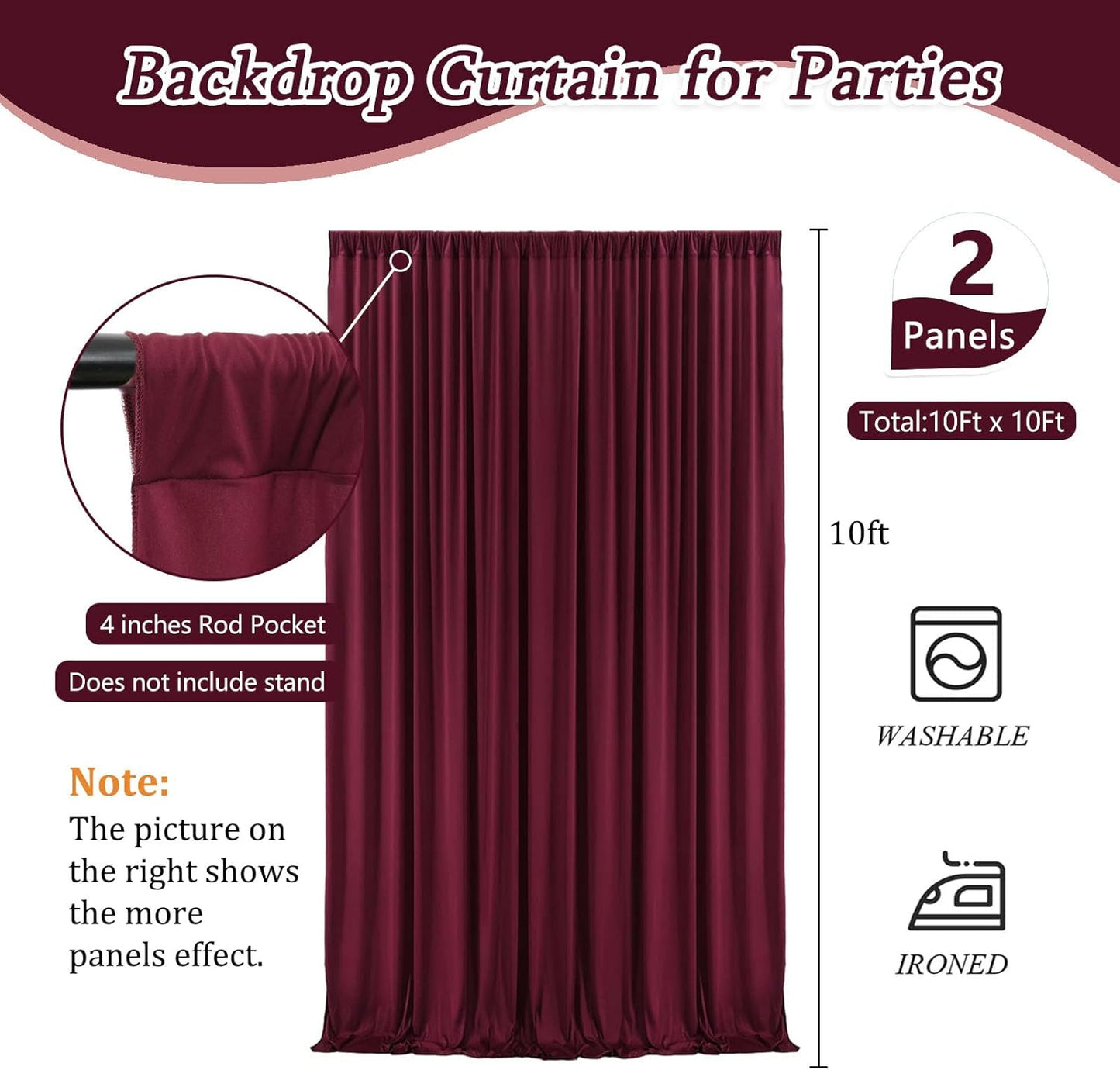 10 x 10 Feet Burgundy Backdrop Curtain for Partie, Background Curtains for Photoshoot, Birthday, Wedding, Halloween, Thanksgiving, Christmas Day, New Year Party Decorations 5Ft x 10Ft, 2 Panels