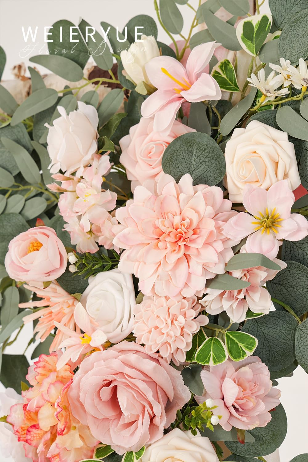 Deluxe Pink Artificial Wedding Arch Flowers with Drapes Kit-Pack of 5, 2pcs Flower Arrangements 3pcs Hanging Sheer Drapes Blue Ceremony Arbor Reception Backdrop Rose Floral Decorations.