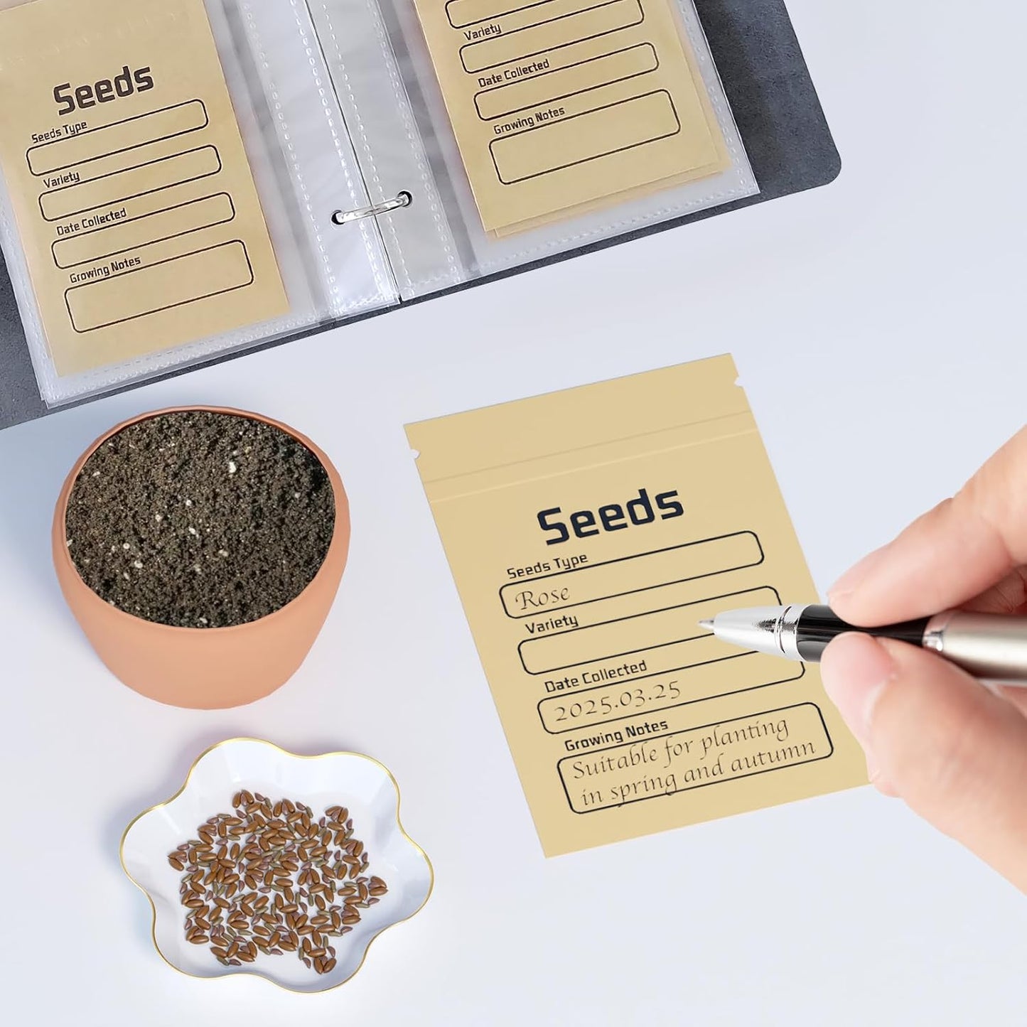 Seed Organizer Binder with 50 PCS Resealable Seed Envelopes - 50 Storage Pockets, 3.5x5 Inch Clear Sleeves, Seed Saver for Garden Lover - Cyan