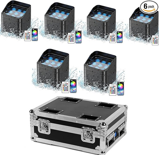 9LED Battery Powered Stage Lights Wireless Uplights Rechargeable Strobe Par Light 9600mAh RGBWAUV 6in1 with APP DMX Stage Uplighting for Events Wedding Party DJ Show Church (6 Packs with Flightcase)