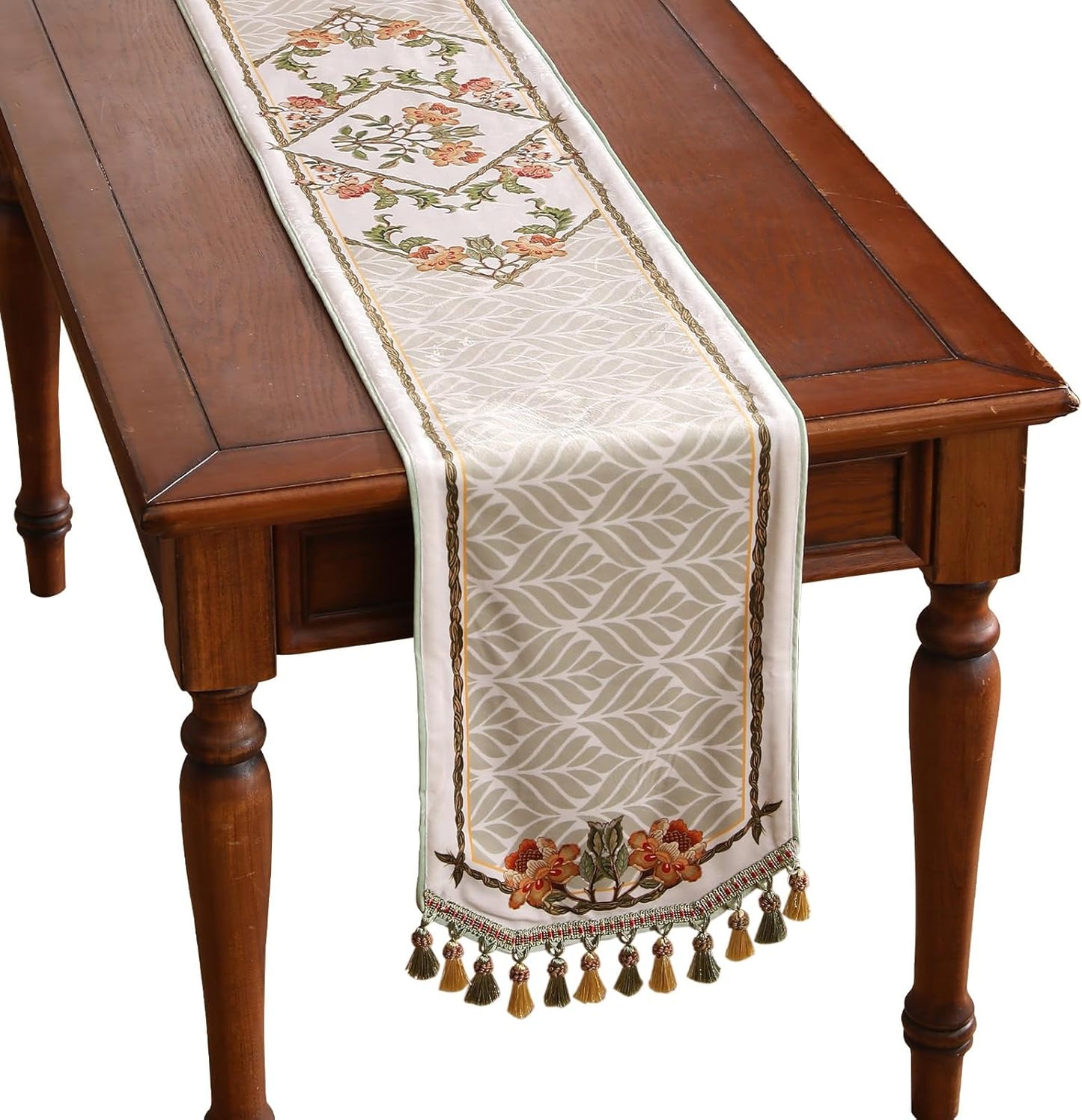 patdrea Designer Elegant French Floral Velvet Table Runner 71 Inch Long, Green with Orange Blossoms Pattern Table Mat, Decor for Kitchen Dining Coffee Table Cabinet Banquet Thanksgiving,12"*71"