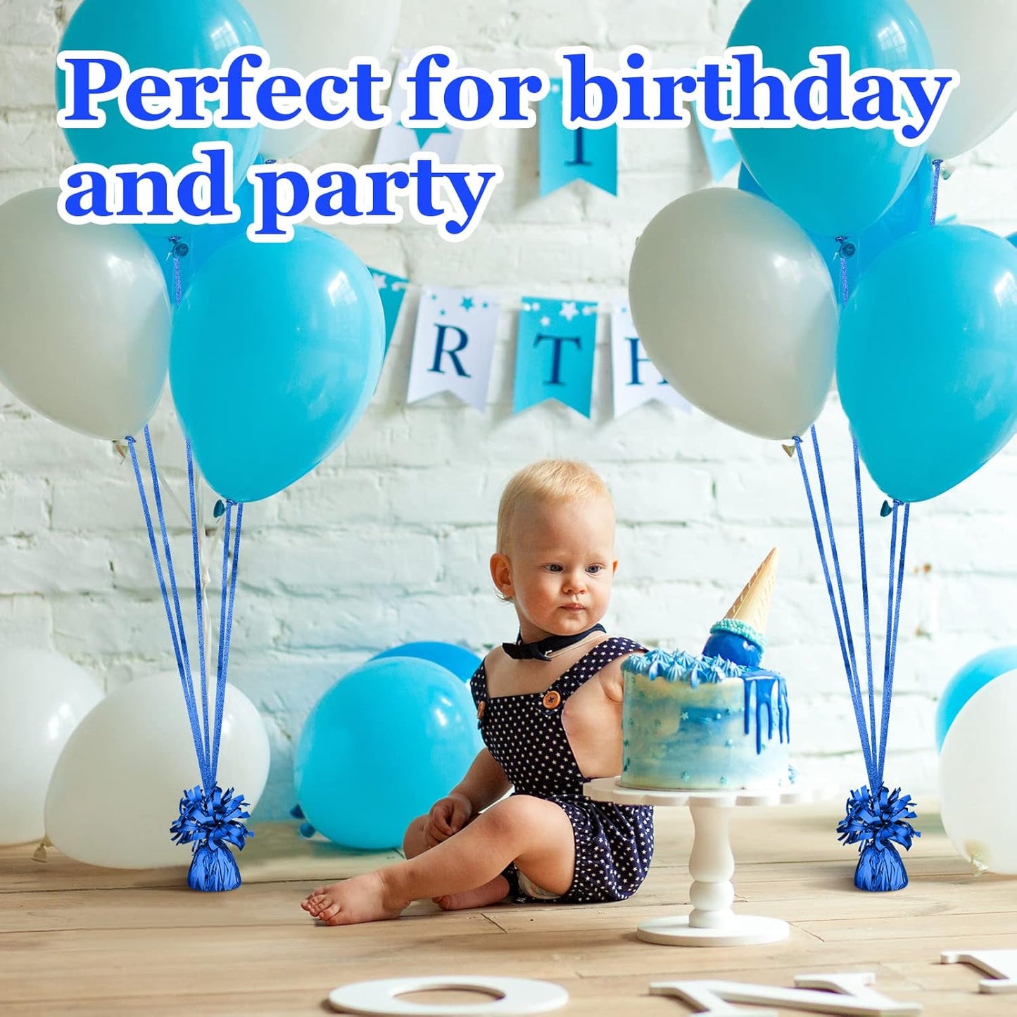 24 Pcs Balloon Weights Metallic Anchor Balloon Holder for Helium Balloons Heavy Table Weights and 1 Roll Iridescent Crimped Ribbon for Birthday Wedding Halloween Christmas Party(Blue)