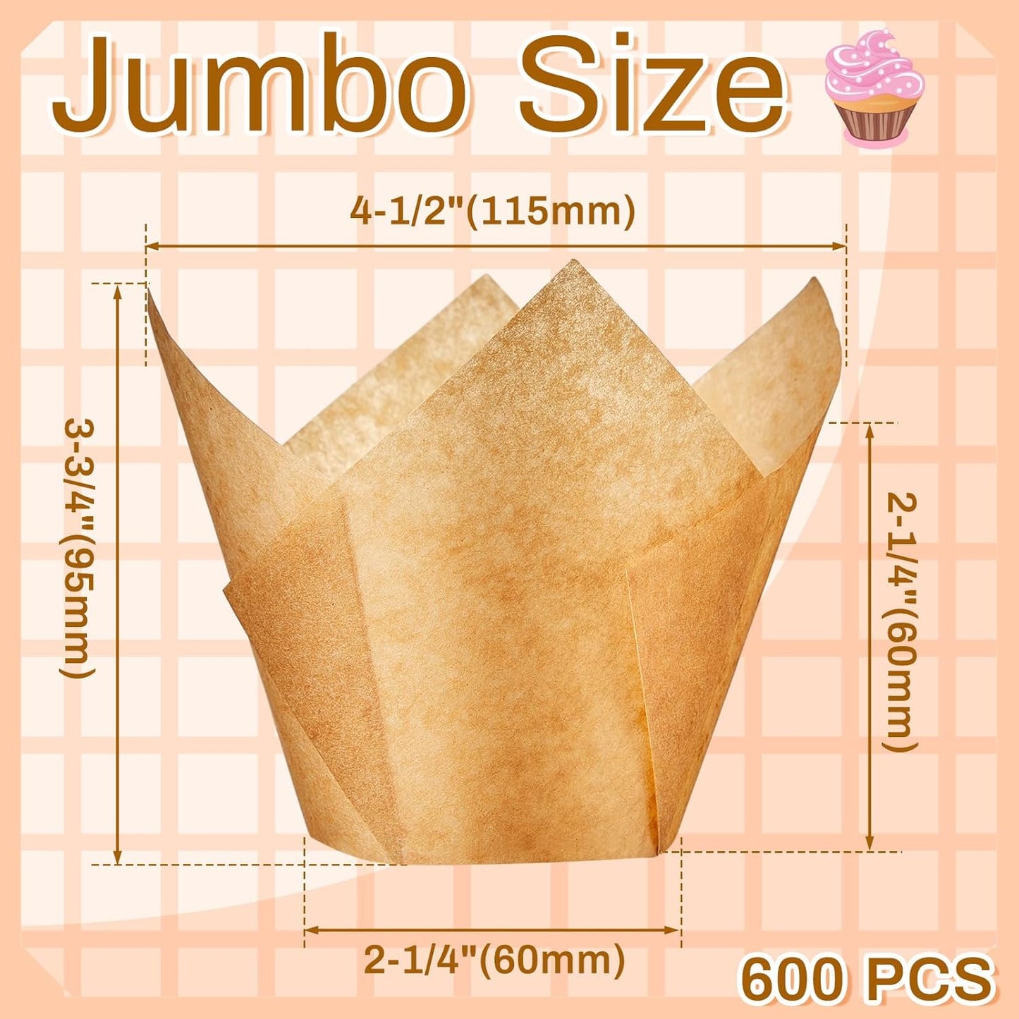 600 Pcs Jumbo Muffin Liners for Baking 2-1/4" x 4" Large Tulip Cupcake Liners Greaseproof Cupcake Wrapper Paper for Weddings Birthday Christmas Anniversaries Party (Light Brown)