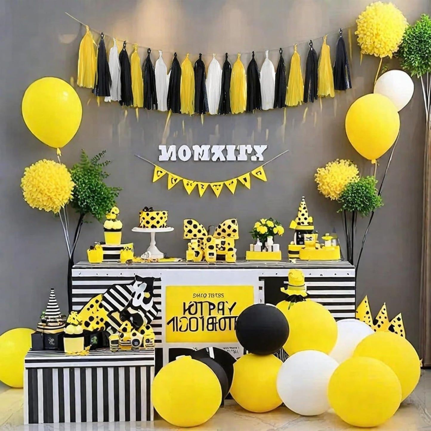 Yellow White and Black Tassel Garland Banner Paper Tassels for Party Decorations,Pack of 15