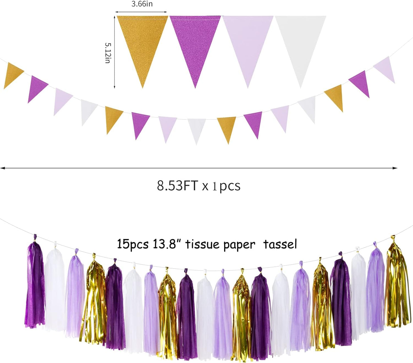 Purple Gold Graduation Decorations - 30pcs Kits Lavender White Paper Flowers,Banner Flags,Tassel Streamer Garland Engagement Girl Baby Bridal Shower Party Decoration Lasting Surprise