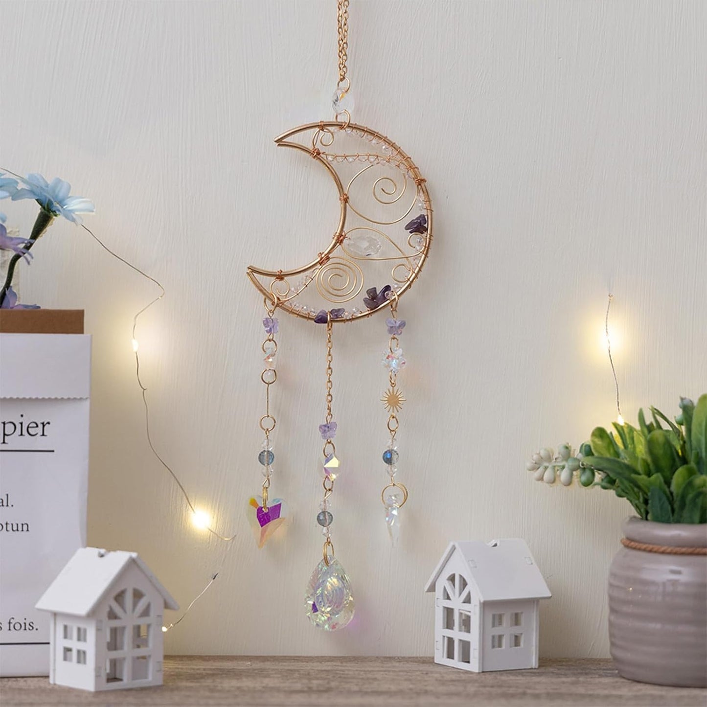 TUOKING Crystal Moon Suncatchers for Window Hanging Natural Healing Stones Wind Chimes Sun Catcher Rainbow Maker Good Luck Gifts Decor for Home Garden