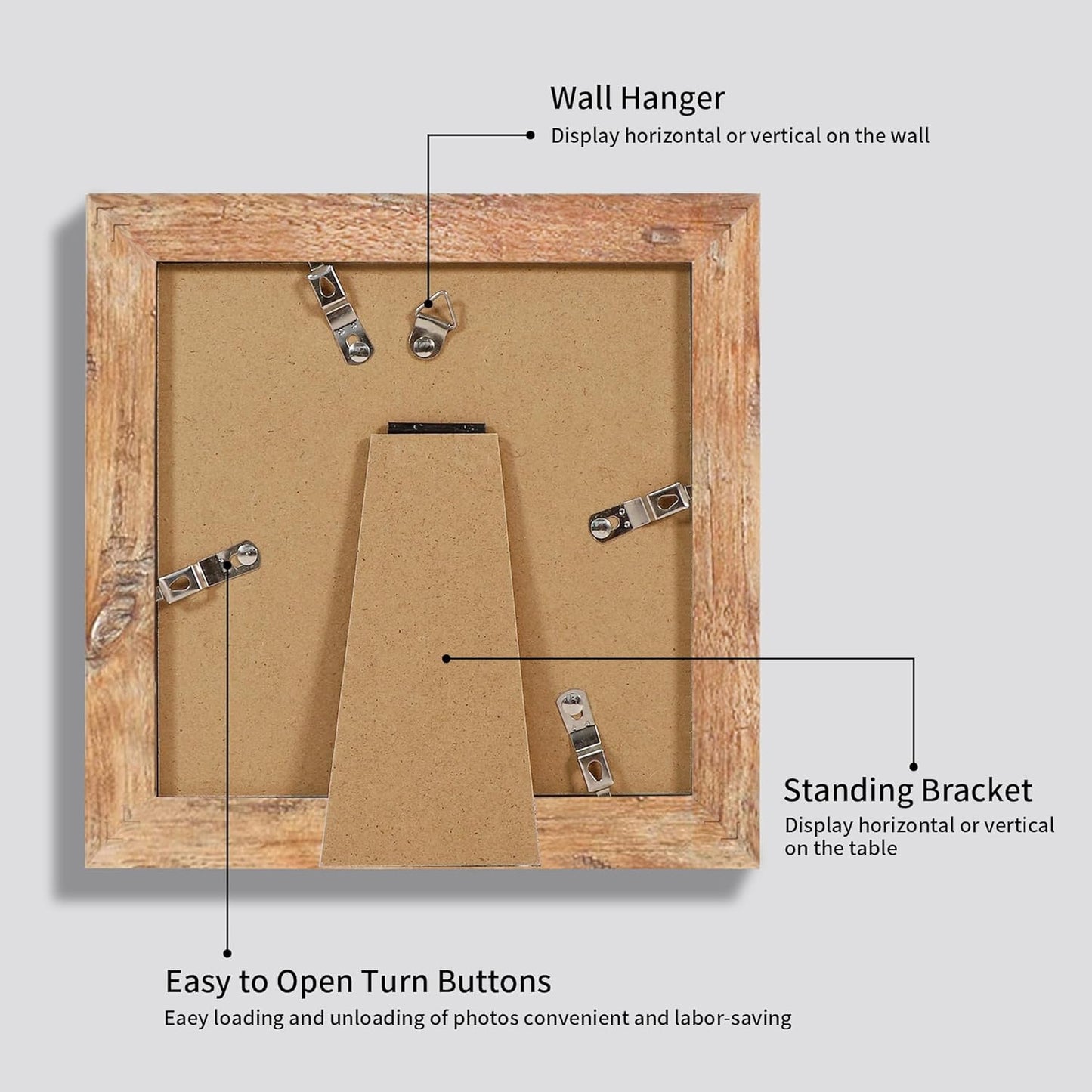 6x6 Picture Frame Set of 4 with Real Glass, Rustic Brown Frames Display 4x4 Picture with Mat or 6 x 6 Without Mat, Square Wood Photo Frame for Wall Mount and Tabletop Display