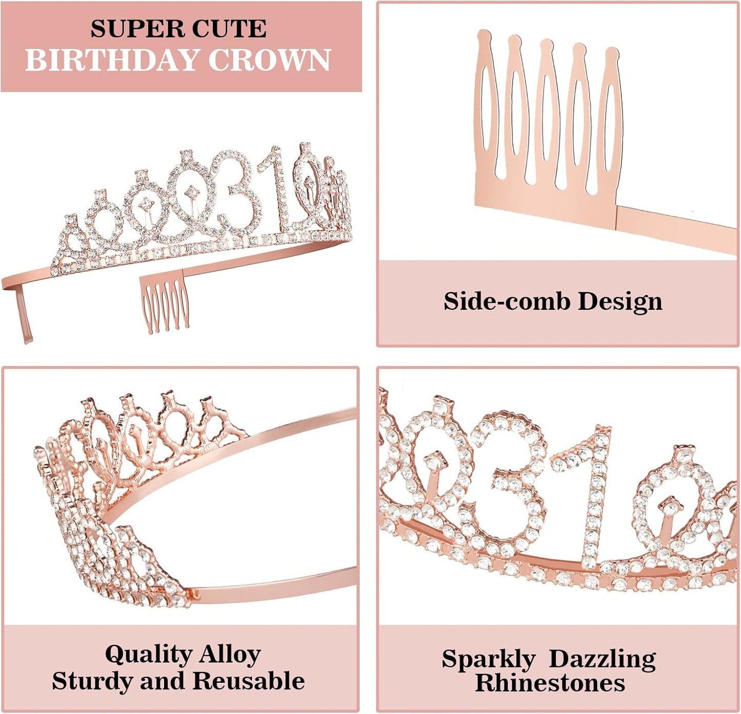 31 Birthday Decorations for Women Including Birthday Sash, Crown/Tiara, Numeral Candles and Cake Topper, 31 Year Old Gifts for Women, Rose Gold Party Decor Supplies