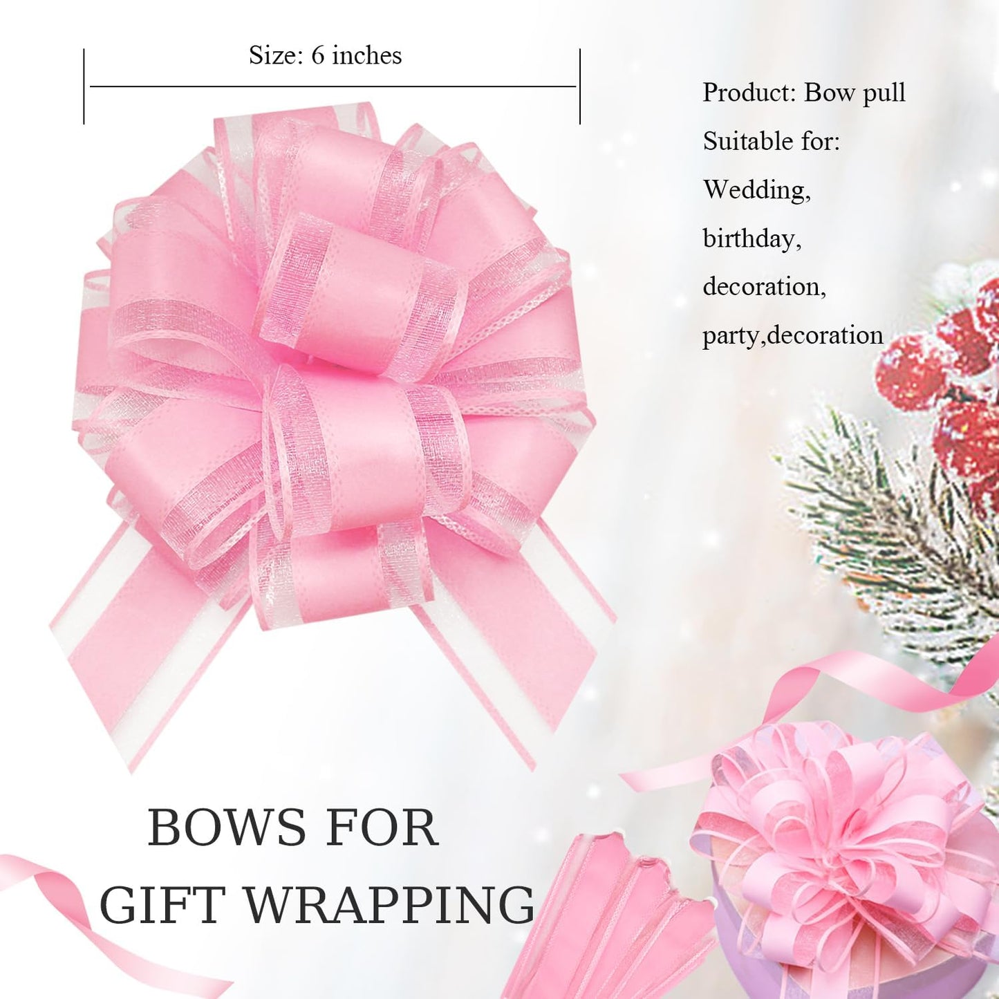 6 Pieces Large Pull Bows,6 inches,Bow for Gift Wrapping,Pull Bows for Party Birthday Gift Wedding Baskets Gift Decorations, Flower Decorations (Pink)