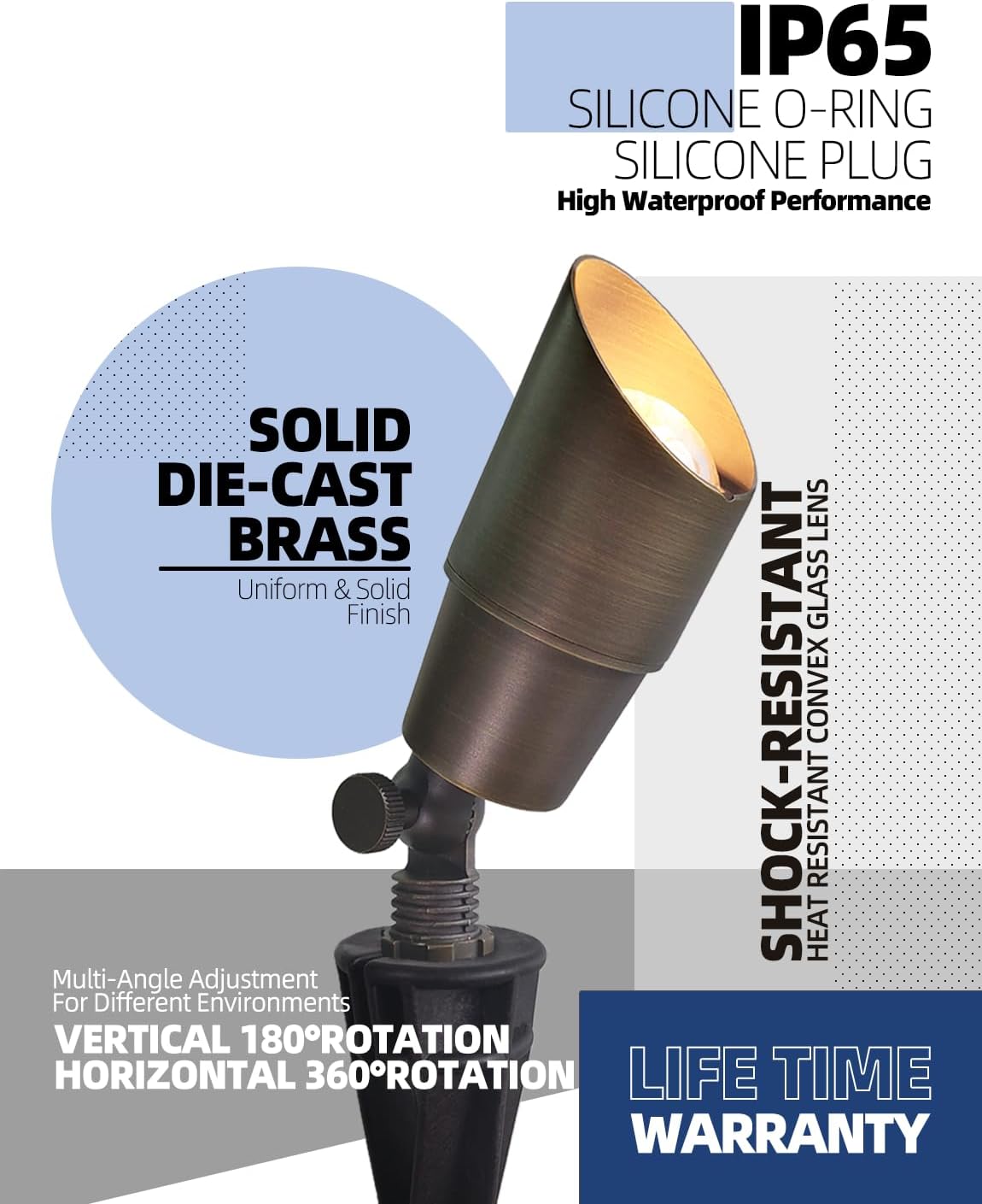 MALORY Brass Landscape Spotlight 6-Pack with Bulb(S01), Low Voltage 12V AC/DC LED Outdoor Landscape Lighting,PVC Ground Stake and Wire Connector Included, Garden Patio Trees Spot Uplight