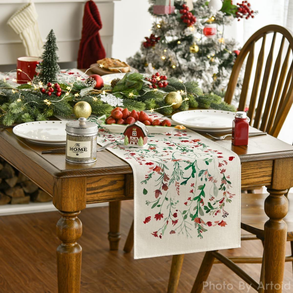 Artoid Mode Floral Leaves Christmas Table Runner, Wild Flowers and Grasses Winter Kitchen Dining Table Decoration for Home Party Decor 13x108 Inch