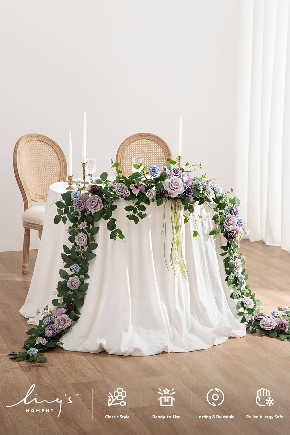 Ling's Moment 9FT Flower Garland for Backdrop Decorations - Wedding Arch Flowers, Eucalyptus & Rose, Artificial Floral Garland for Mantle - Sweetheart Table Decor for Beach Reception, Purple