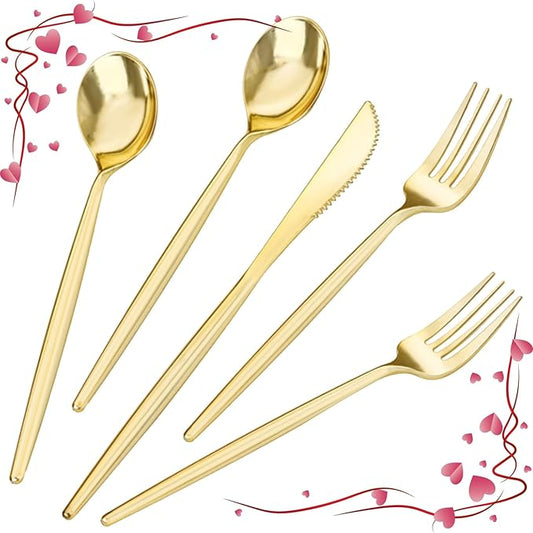 LIYH 360 Pcs Gold Plastic Silverware - Elegant Gold Silverware Disposable Utensils Set for Weddings, Parties & Events - Includes Forks, Spoons, Knives, Cutlery Tableware