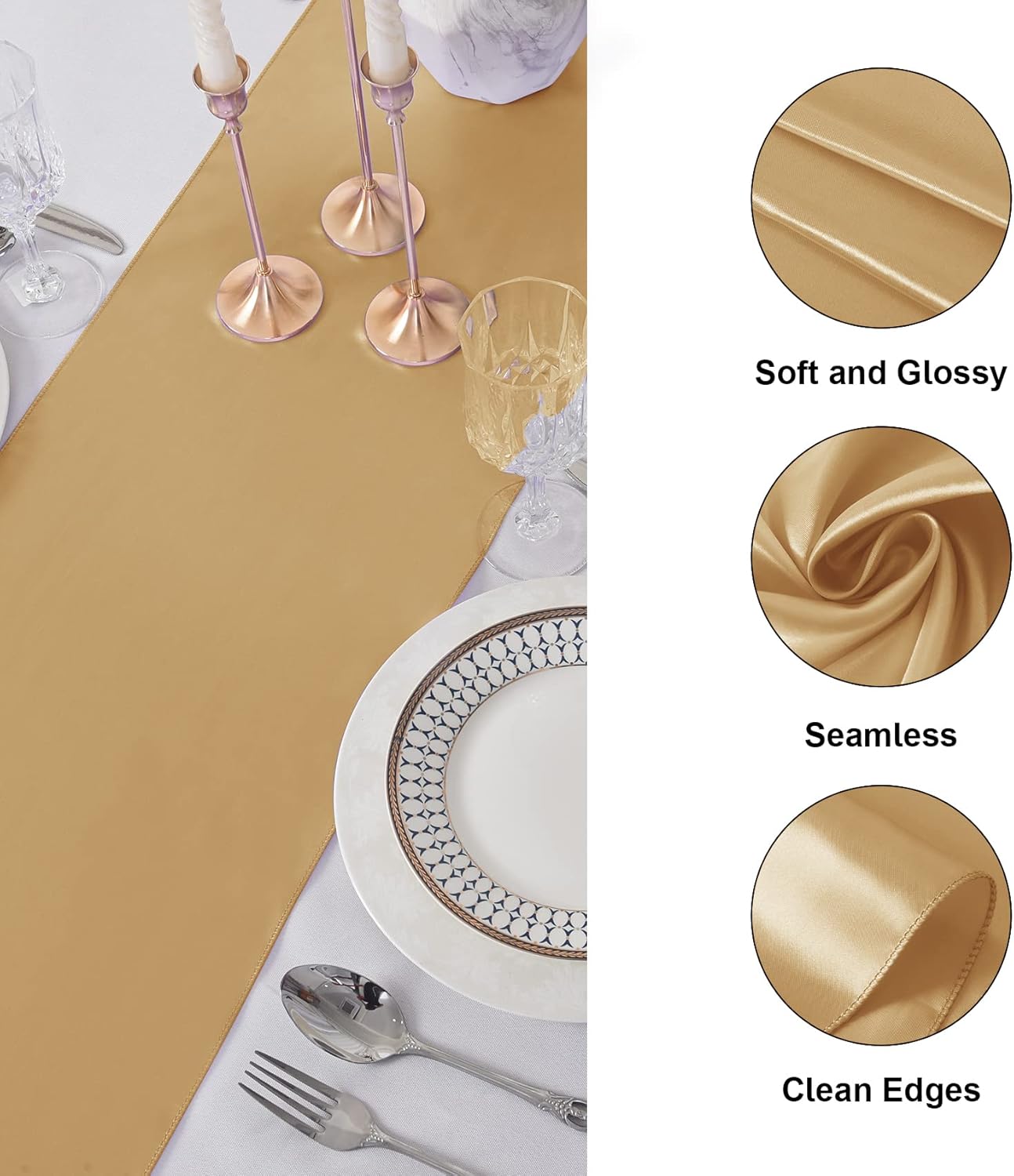 24Pack Table Runner 12 x 108 Inches Satin Silk Table Runner for Wedding, Birthday Party, Banquets, Graduations Decoration, fit Rectange and Round Table-Champagne