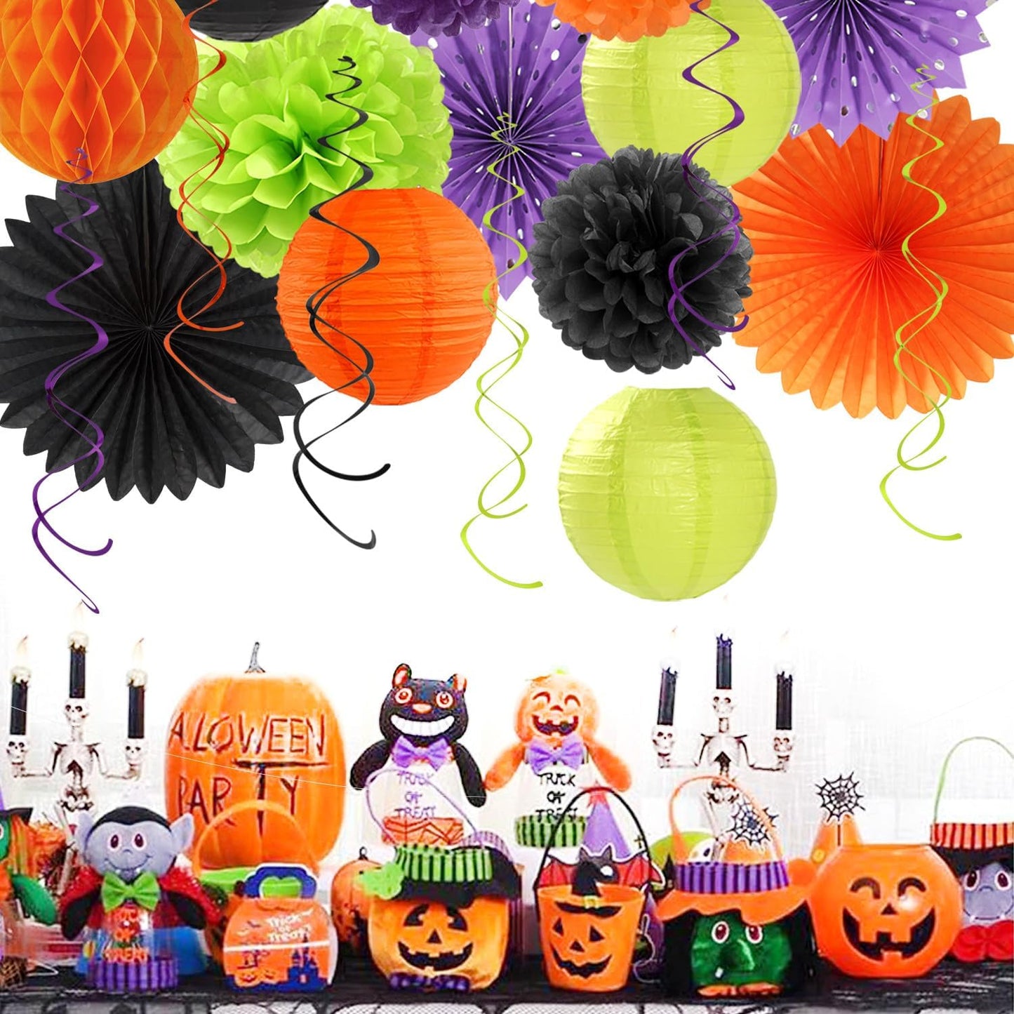 Black-Green Orange-Purple Halloween Birthday Party-Decorations - 21pcs Happy Banner,Paper Lanterns Honeycomb,Tissue Pom Poms Flower Fan,Kids Classroom Hanging Streamers Garland Decor Supplies Huglony