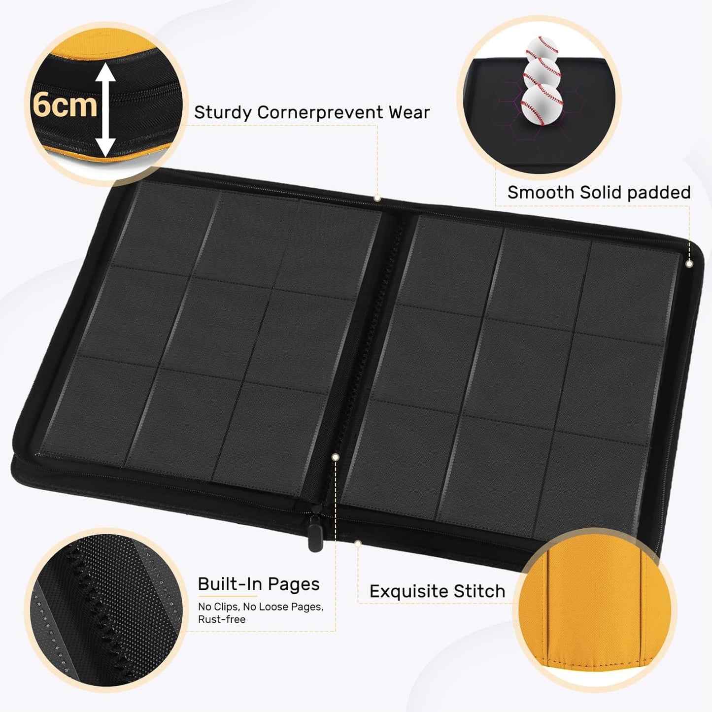 9 Pocket Card Binder, 540 Premium Zip Trading Card Binder, Double-sided Side Loading Card Collection Binder Album, Durable Leather Cover, Ringless Card Folder for Gifts, MTG, TCG, Sport Cards, Yellow