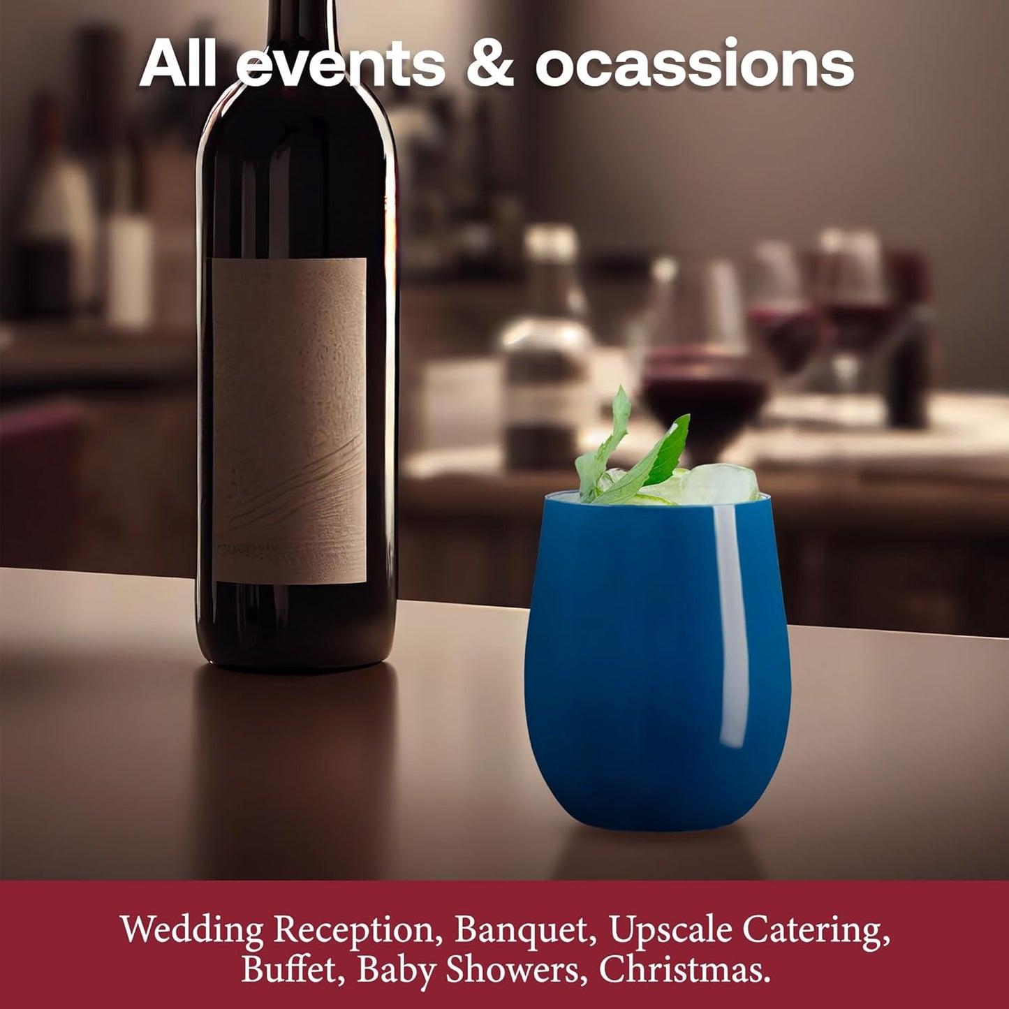 Smarty Had A Party 64 Glasses 12 oz. Solid Navy Elegant Stemless Plastic Wine Glasses, Disposable Drinkware, Plastic Wine Glasses for Parties