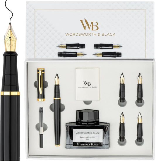 Wordsworth & Black Fountain Pen Gift Set, Includes Bottle, 6 Cartridges, Refill Converter, 4 Replacement Nibs, Premium Package, Journaling, Calligraphy, Smooth Writing Pens [Black Gold]