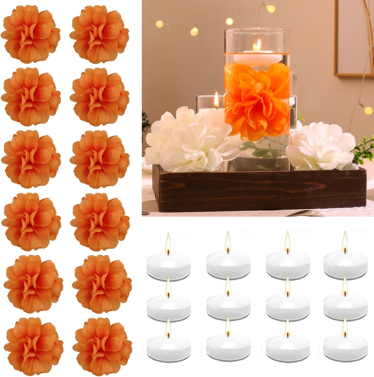 24 Pcs Floating Candles for Centerpieces and Floating Flowers Artificial Flowers Head Vase Filler for Party Home Table Wedding Centerpieces Decoration (Orange)