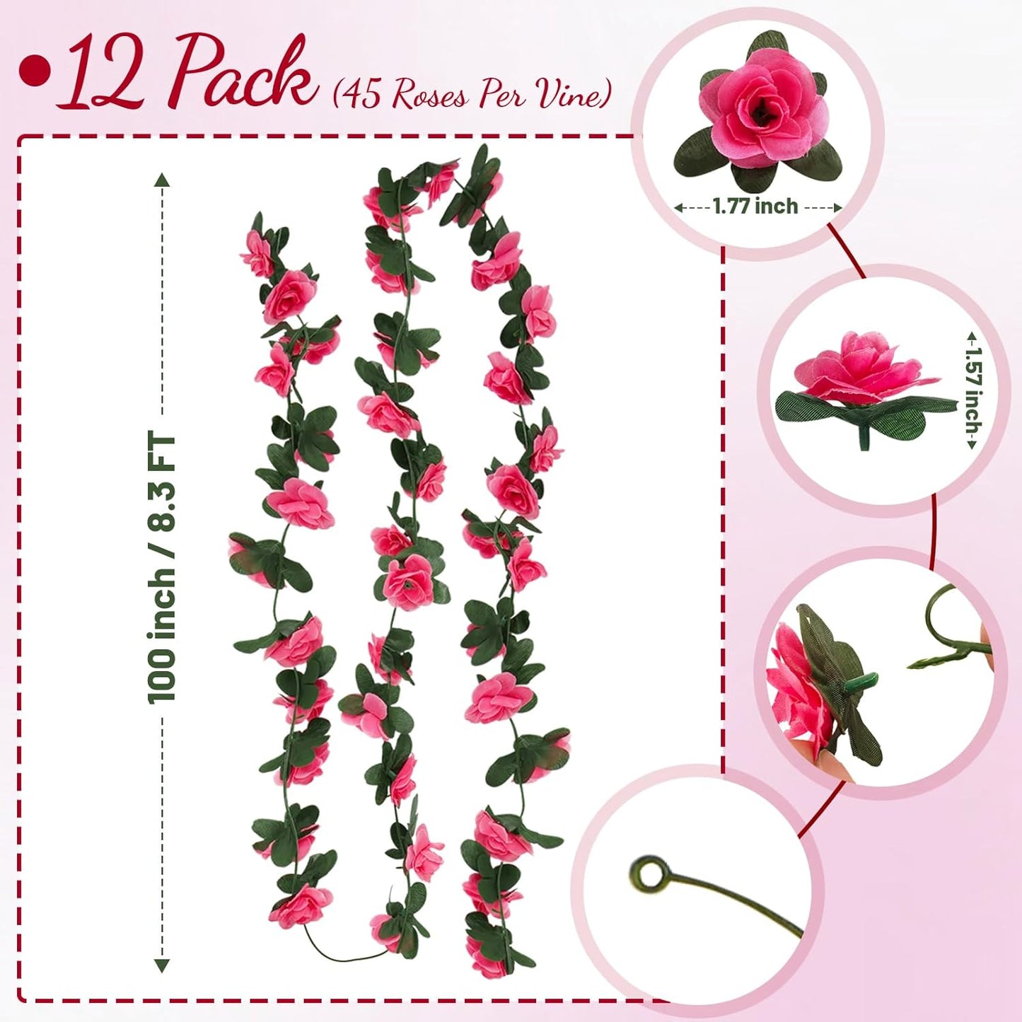 12 Pcs 99 Ft Flower Garland Rose Vines, Rose Garland for Decoration, Flower Vine for Room Table Birthday Wedding Party Garden Wall Decor