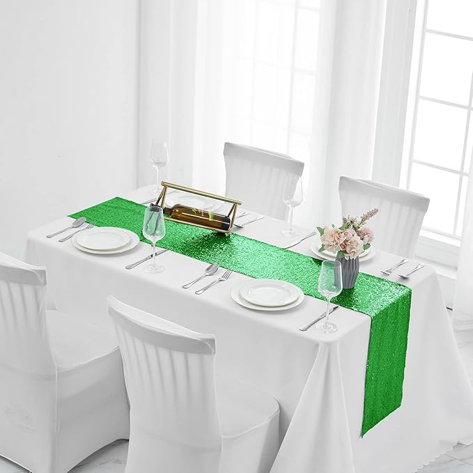2 Packs 12 x 72 inches Grass Green Sequin Table Runner, Glitter Runner for Birthday Party Supplies Decorations Wedding Bachelorette Holiday Celebration Bridal Shower Baby Shower